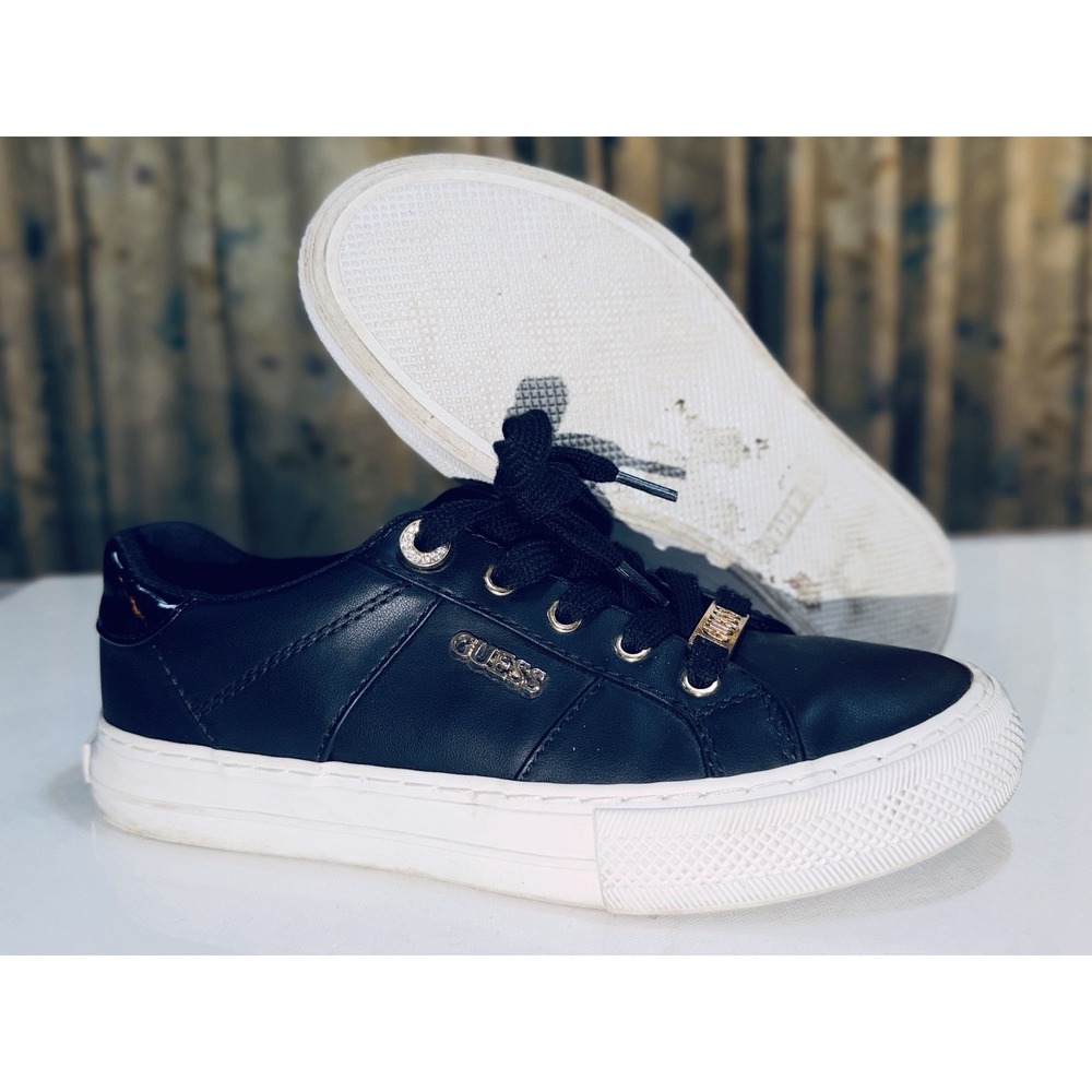 GUESS Womens 5.5M Black Low Top Sneakers Gold Hardware Lace Up White Sole
